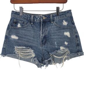 Kancan High Rise Shorts S Womens Distressed Raw Hem Medium Wash Booty Bottoms